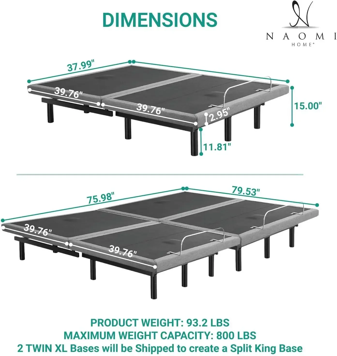 Split King Adjustable Bed Frame with 3-Speed Massaging Zero Gravity Electric Bed Base Head & Foot Massage