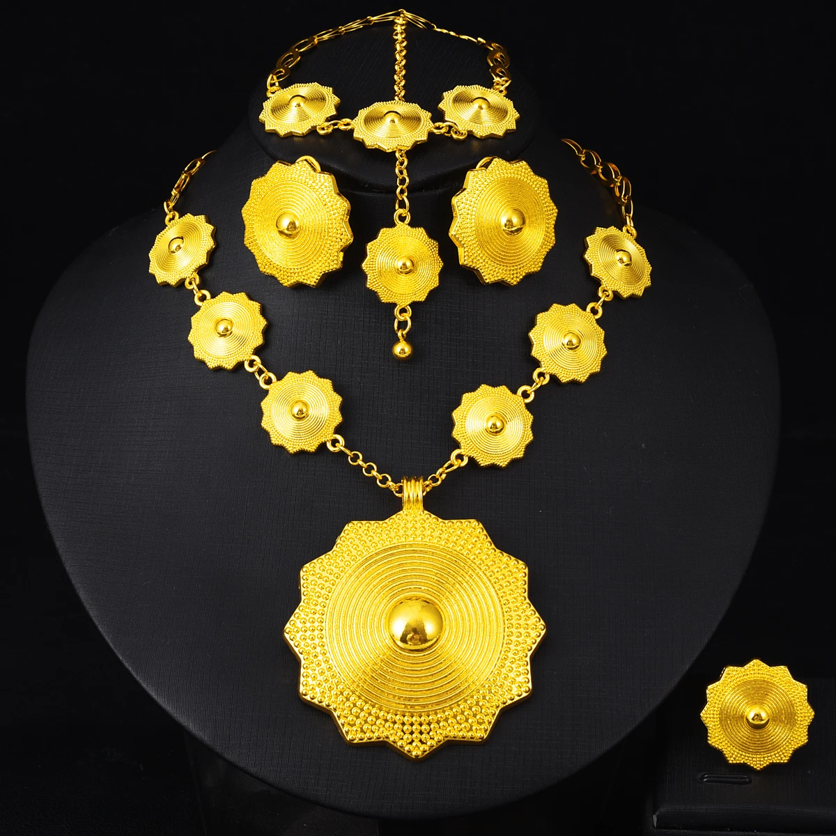 Golden Color Ethiopian Jewelry Set Gorgeous Geometry Pendant Earrings Ring Head Chain 5-Piece Set African Eritrean Wedding Gift