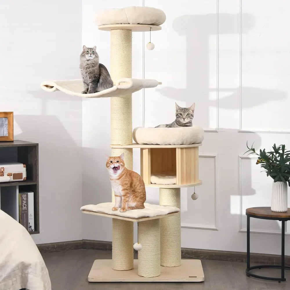 

PETSITE 68.5" Tall Cat Tree, Multi-Level Modern Cat Tower with Sisal Scratching Posts, Top Perch, Cat Condo, Hammock, Jingling B