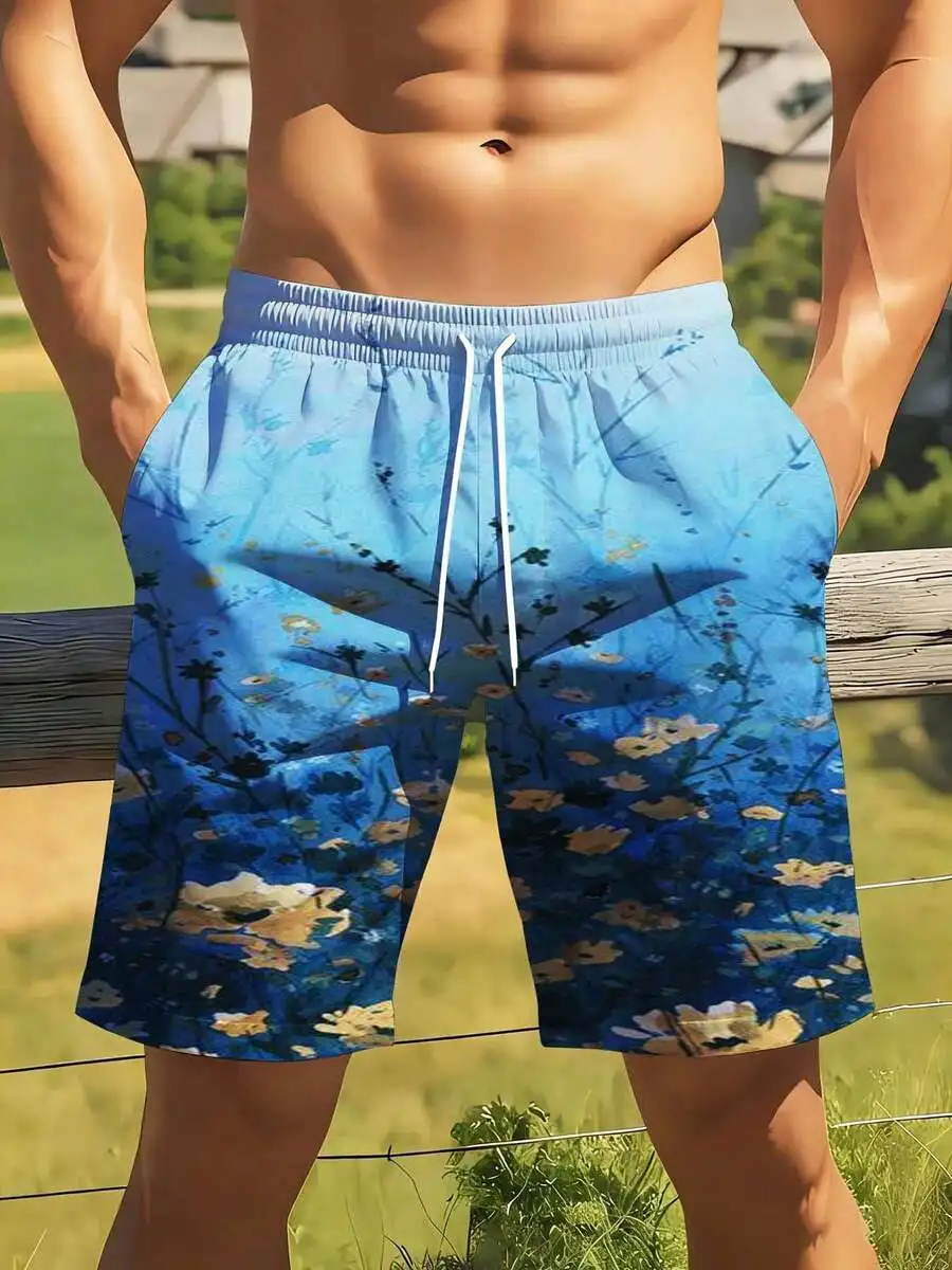 

Blue Floral Print Swim Trunks For Men Quick Dry Beach Shorts Summer Leisure Sport Wear