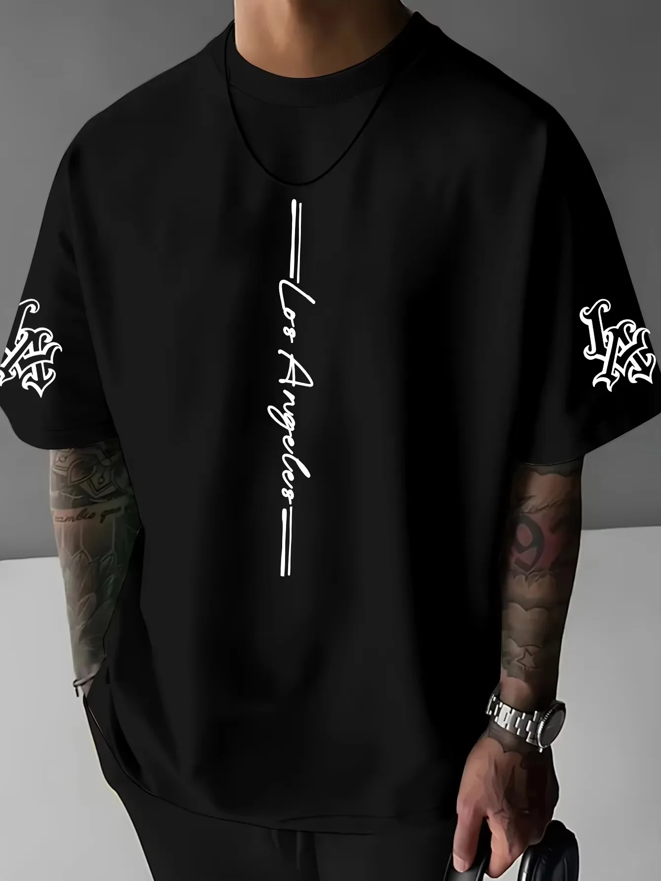 2026 New Y2K Family Matching Oversized Unisex T Shirt Los Angeles Vertical Text Sleeve Gothic Graphic Tee Streetwear Cotton Top