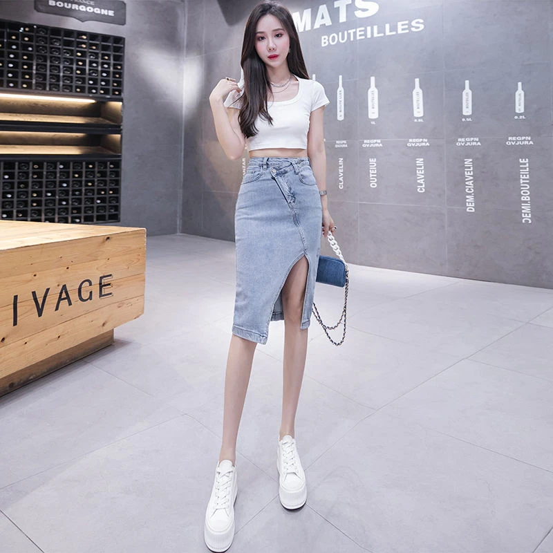 Female Jeans Skirts with Slit Women's Denim Skirt Midi Patchwork Clothing Trend 2024 Korean Fashion Summer Style Aesthetic Sales