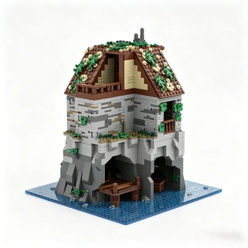 1833 PCS MOC Pirate Island Medieval Coastal Hideout With Dock Modular Building Model Custom Building Blocks DIY Educational Toy