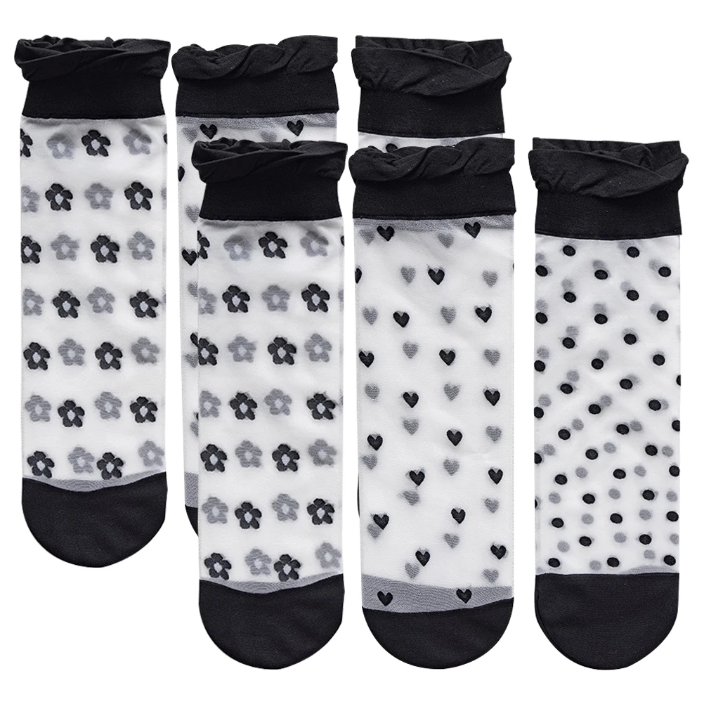 

3Pcs 3 Pairs Black Mid Calf Socks Retro Sheer Transparent Heart Flower Dot Women Girls Nylon Stockings