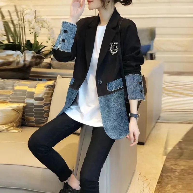 Denim Splice Coat Jacket Women Blazer 2024 Spring And Summer New Korean Loose Suit Top Female Jacket Large Size 4XL