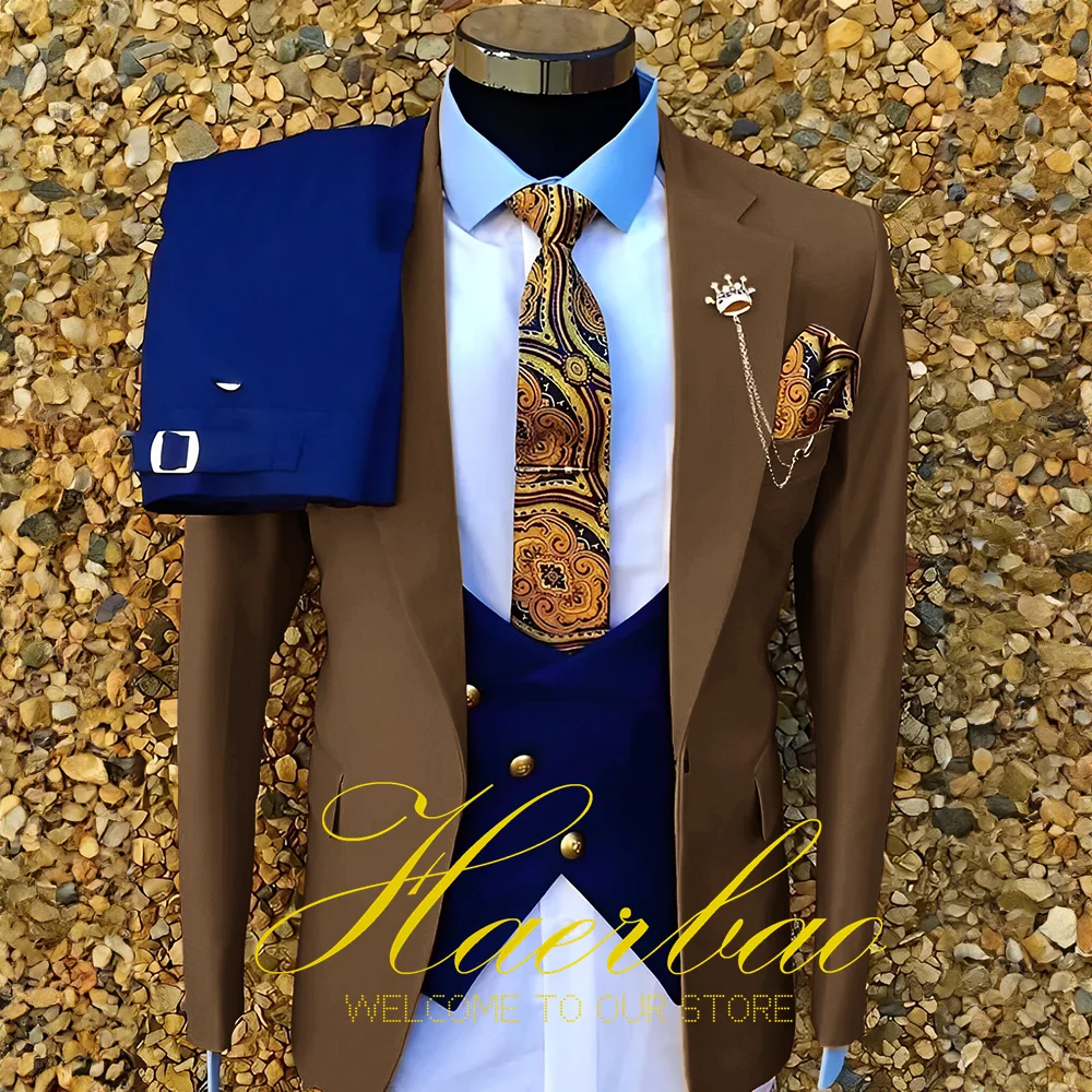 Traje de boda para novio para hombre, abrigo amarillo con chaleco azul, pantalones ajustados, traje Formal de 3 piezas, traje de fiesta hecho a