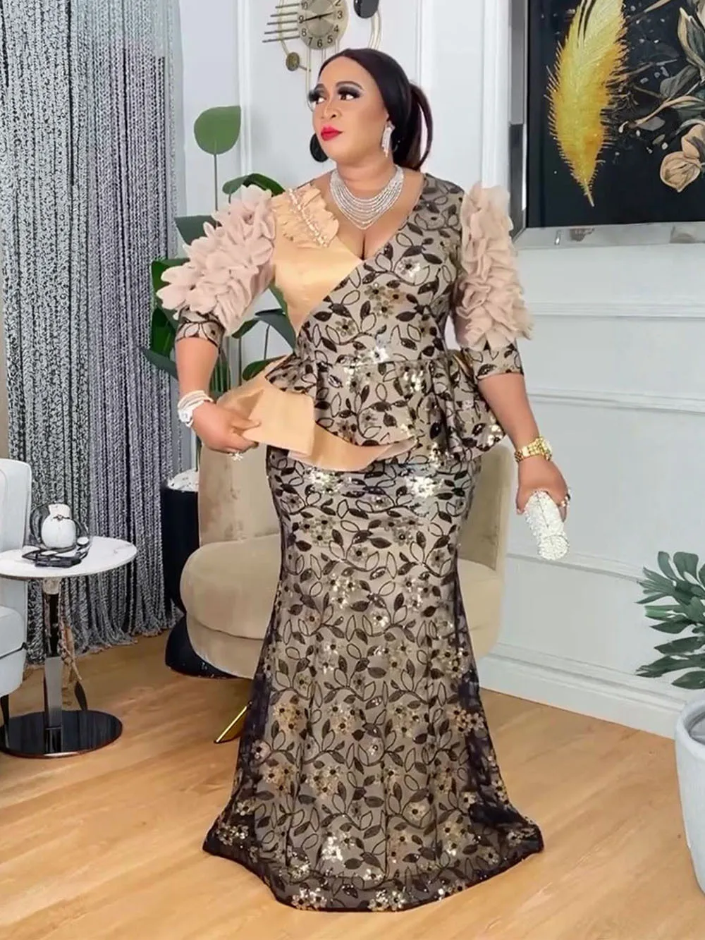 

Африканские вечерние платья больших размеров для женщин, Дашики, сексуальное облегающее длинное платье с блестками, элегантное модное мусульманское свадебное вечернее платье
