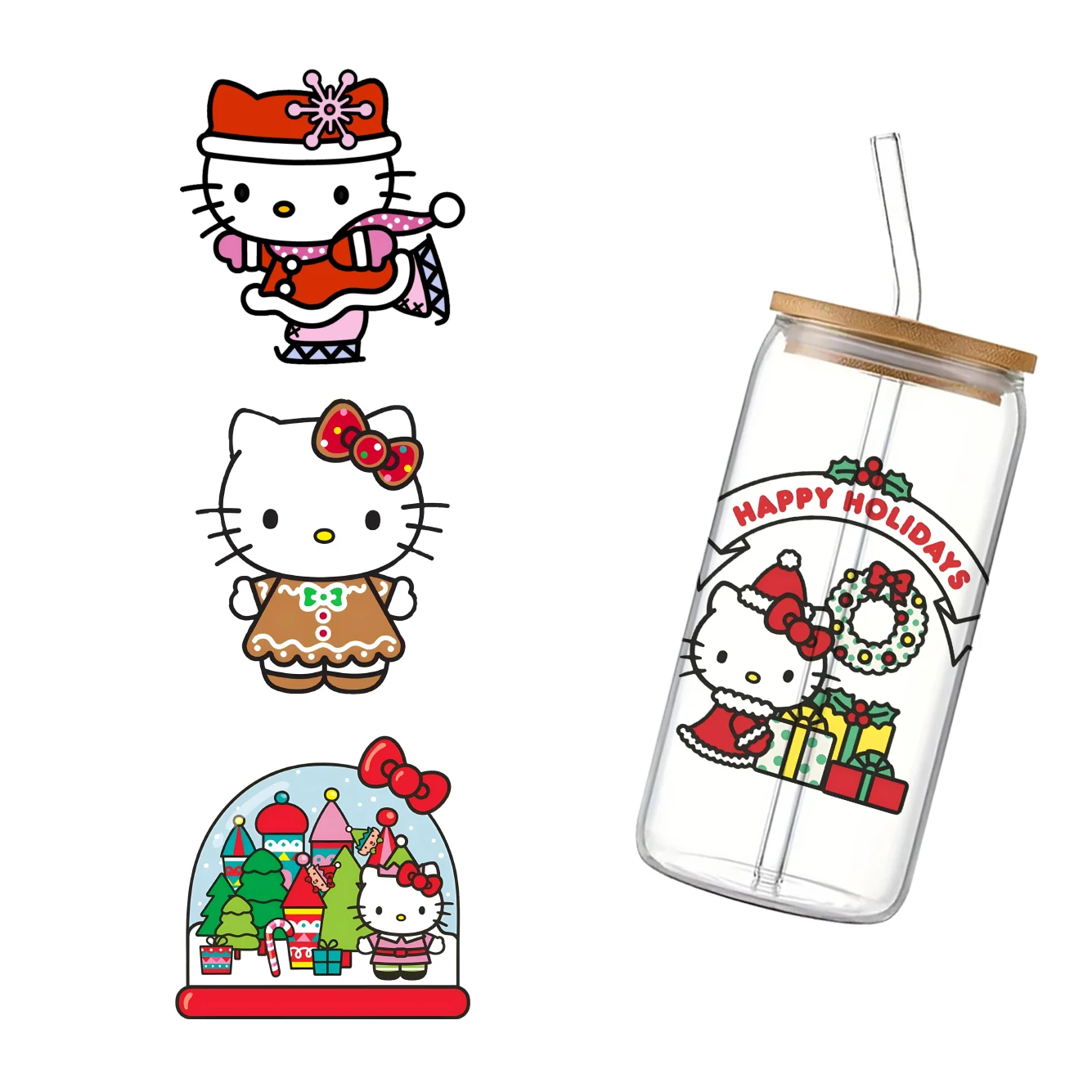 Christmas Wreath Sanrio Hello Kitty Cup Wrap Sticker 16oz UV DTF Waterproof Sticker for Party Gift  11x11cm