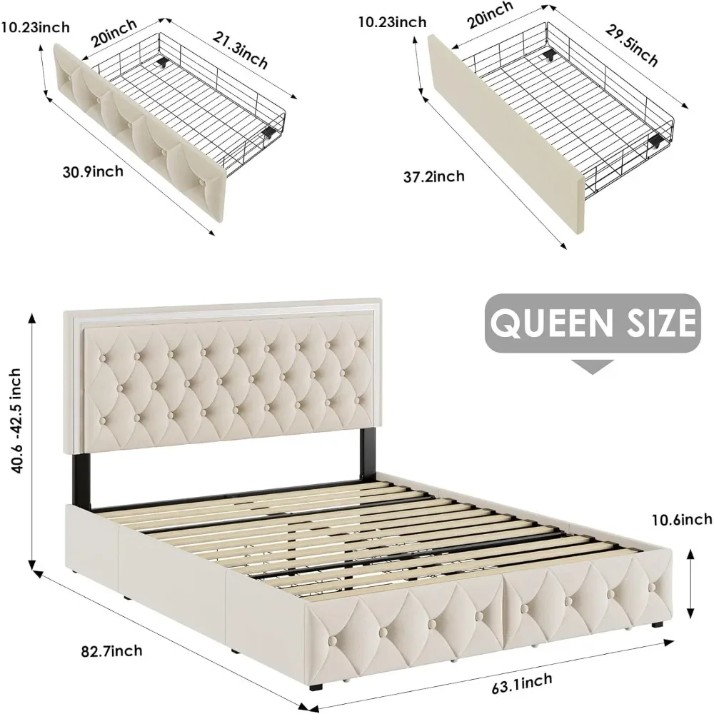 Queen upholstered LED bed frame, 4 drawers, velvet platform storage bed, adjustable headboard, solid wood slats support