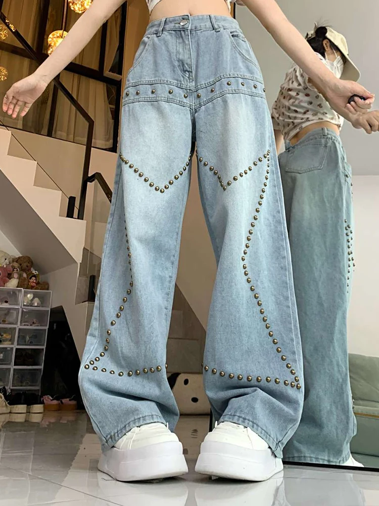 

Female New American Style High Waist Loose Retro Washed Jeans Woman Blue High Street Grunge Embroidered Flares Punk Denim Pants