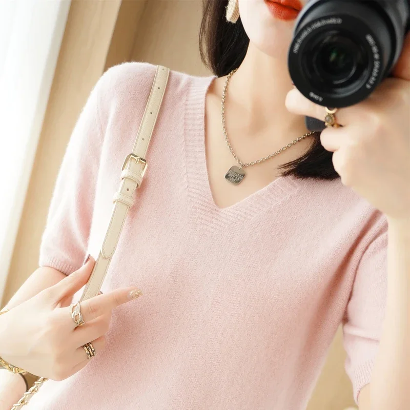 Spring Autumn Women Sweaters Short Sleeves V-neck Bottoming Shirt Knitwear 2024 Summer Camel Green Pink Pullovers Korean Jumpers