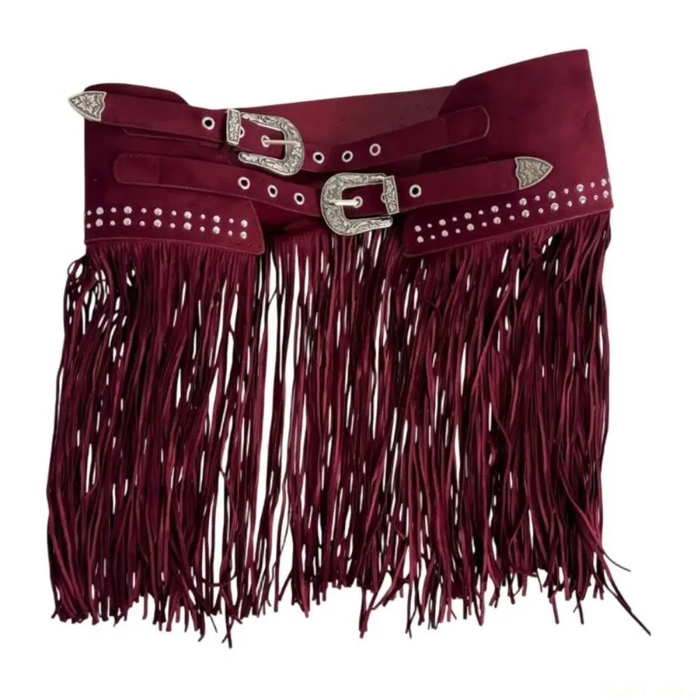 Soft Matte Look Western Waist Belt Extra Wide Rivet Decor Double Buckle Belt Suede Material Fringe Waist Belt