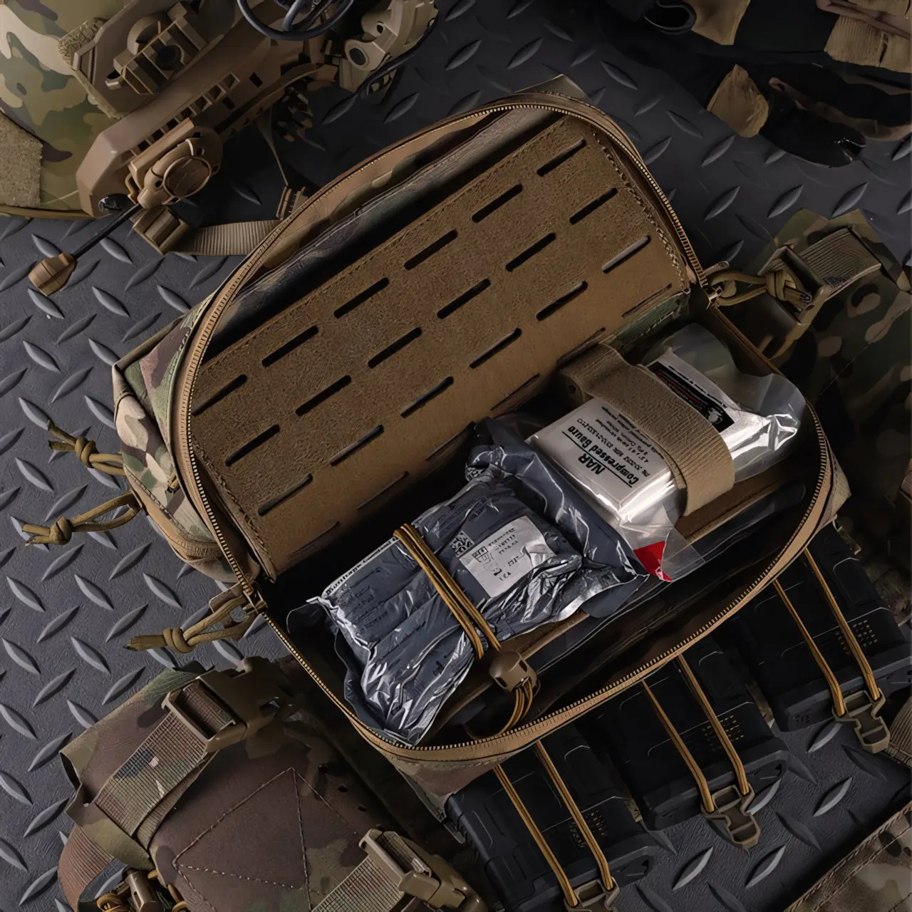 Wosport Horizontal Medical Pouch Cordura First Aid Kit Laser Cut MOLLE Mount Dual Zipper Bottom Expansion Outdoor Gear Pouch