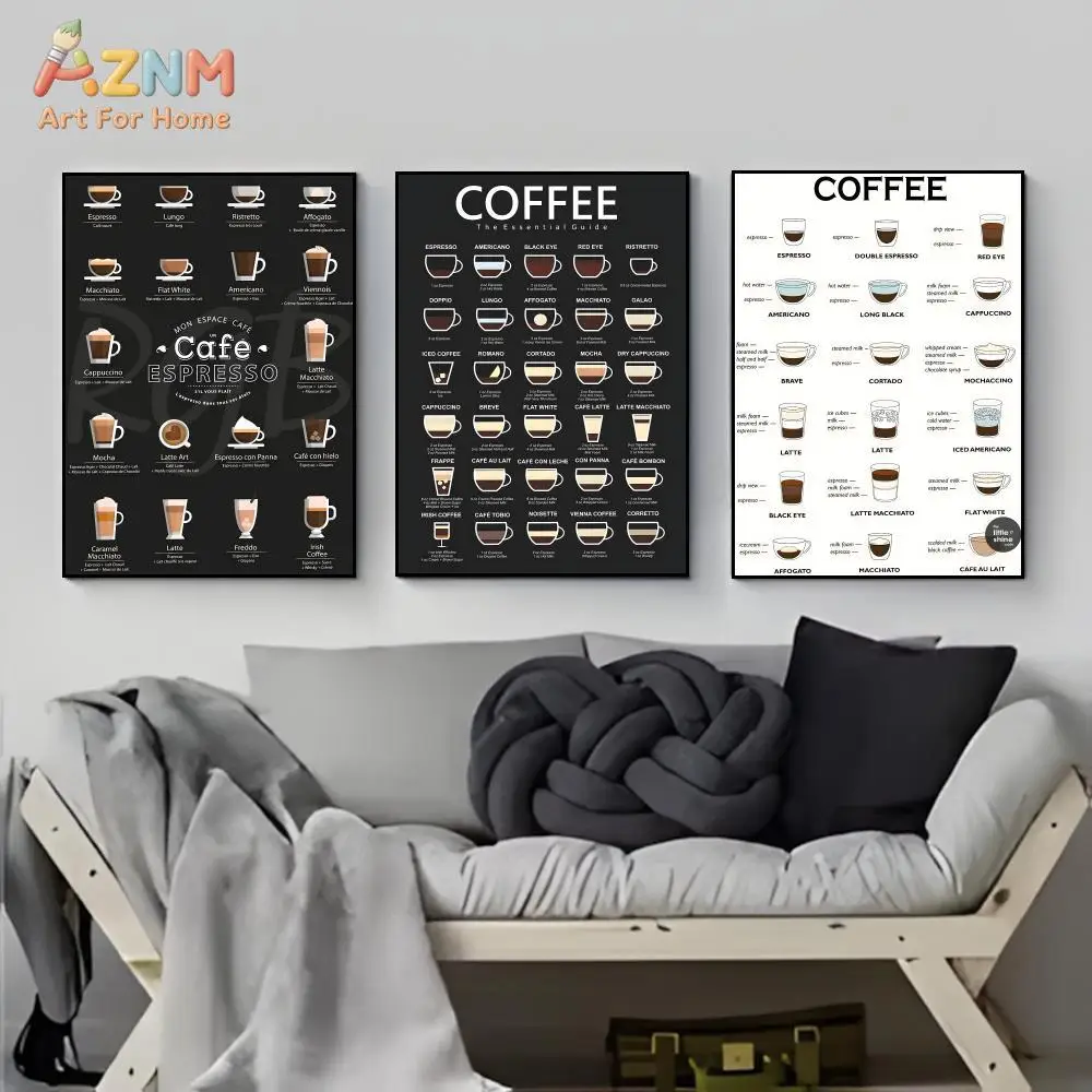 AZNM Coffee Guide Canvas Wall Art Espresso Drink Types Chart Vintage Coffee Knowledge Poster Kitchen Cafe Bar Home Decor Art Pri