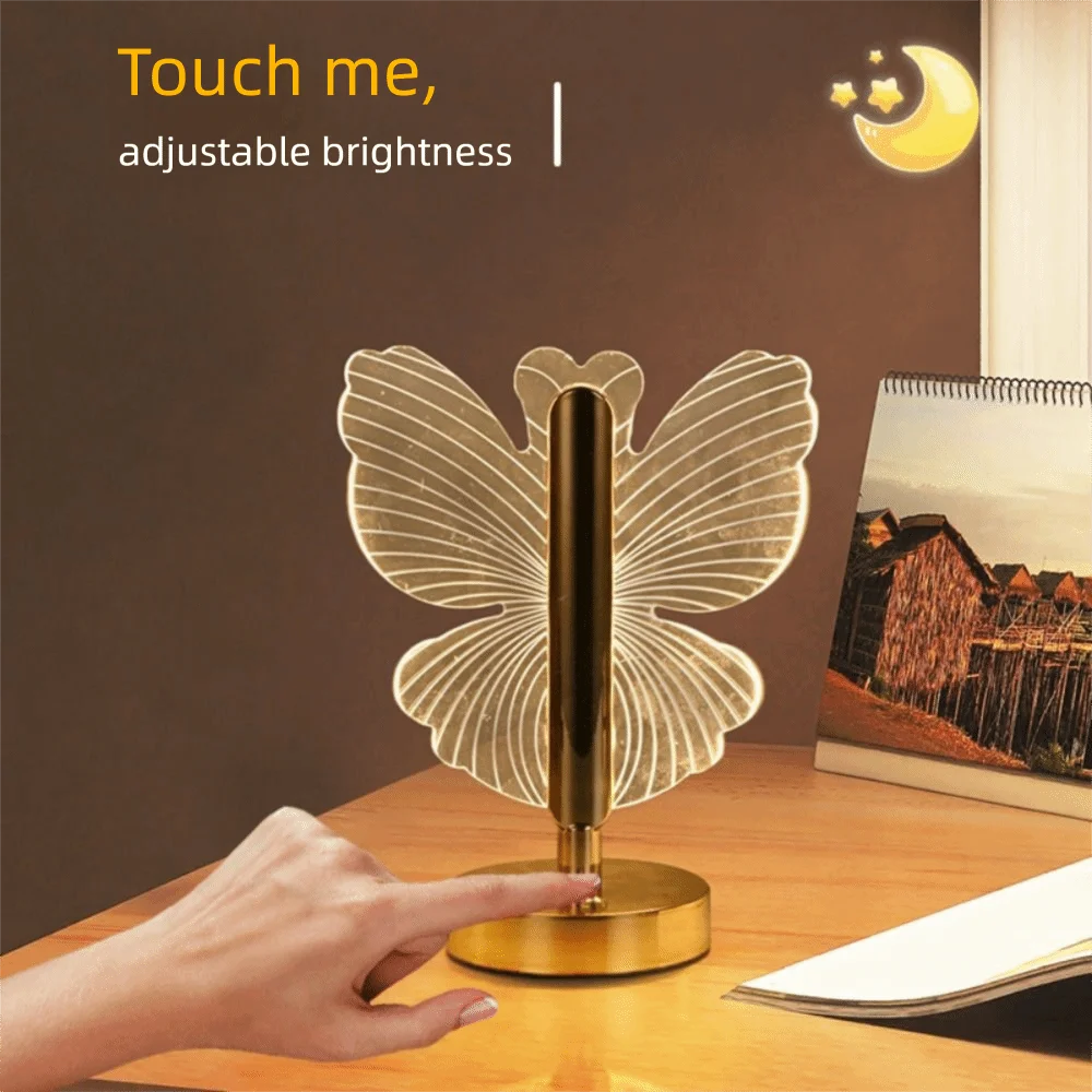 3-Color Lighting Butterfly Desk Lamp Adjustable Dimmable LED Table Lamp Touch Switch Ornaments Nordic Acrylic Night Light
