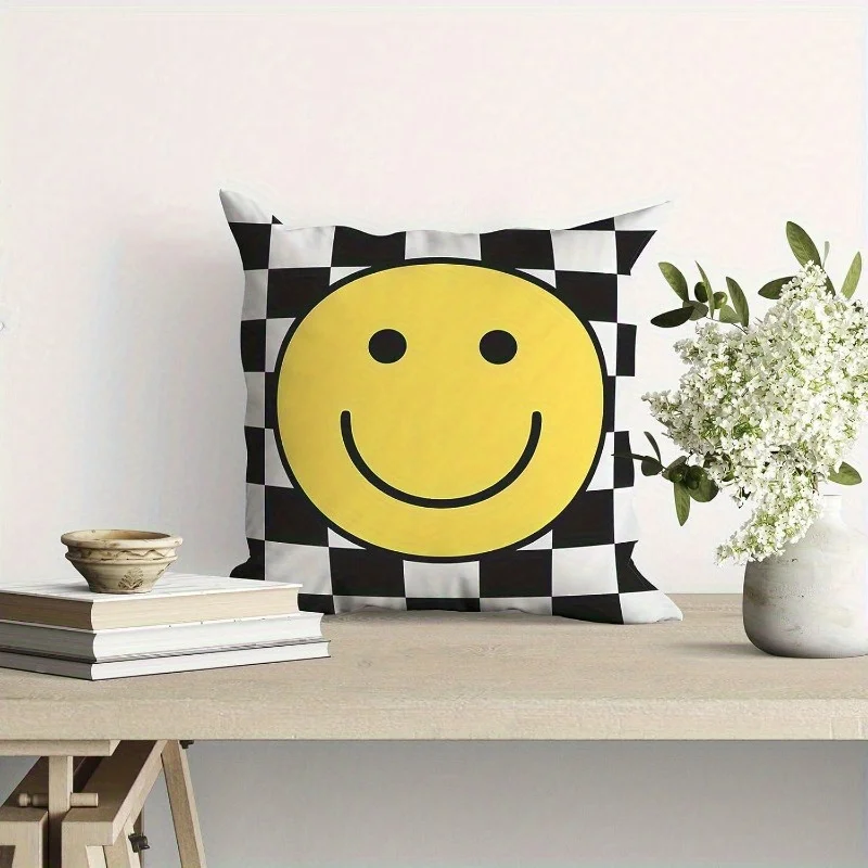 1 Stück Retro-Kissenbezug mit Happy-Face-Motiv, schwarz-weiß kariert, Kissenhülle für Schlafzimmer, Wohnheim, Heimdekoration