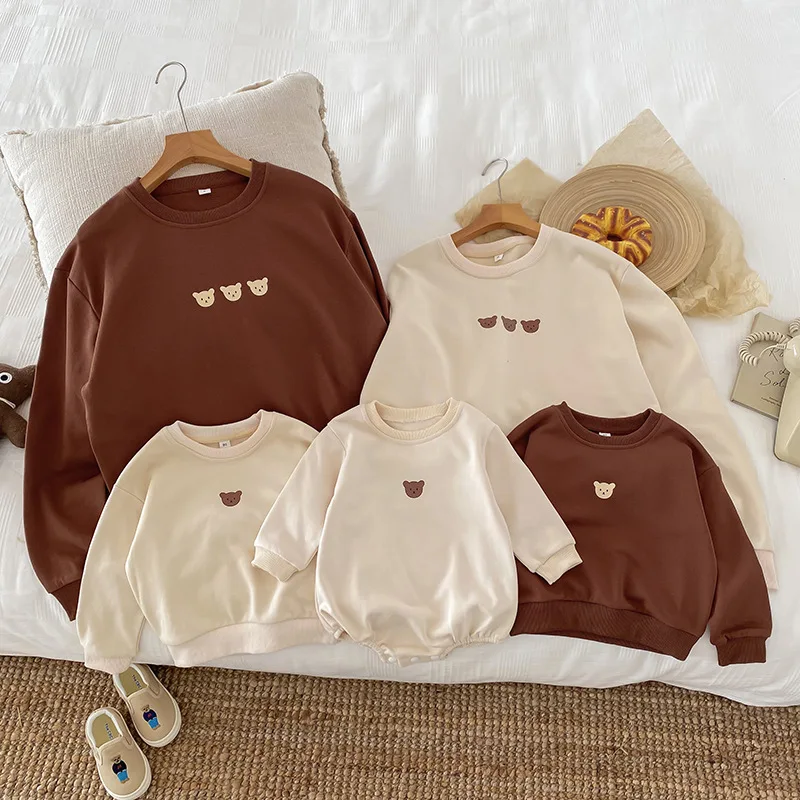 -3XL Spring Family Matching Outfits Long Sleeve Hoodies Baby Bodysuit Cartoon Bear Mother And Father Kids Clothes Cotton Sweater