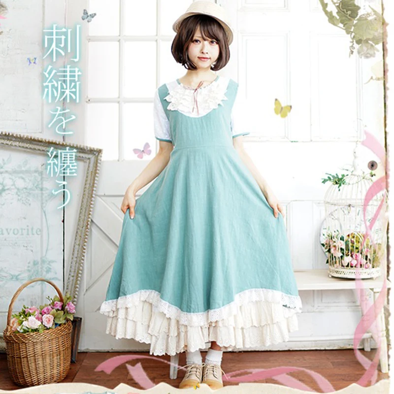 일본 모리 소녀 반팔 드레스 여성 의류 살구 녹색 레이스 자수 카와이 공주 긴 요정 드레스 A034