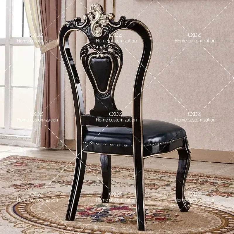 European Style Leather Dining Chair Ebony Solid Wood Double Sided Carved Retro Book Chair for Hotel Restaurant
