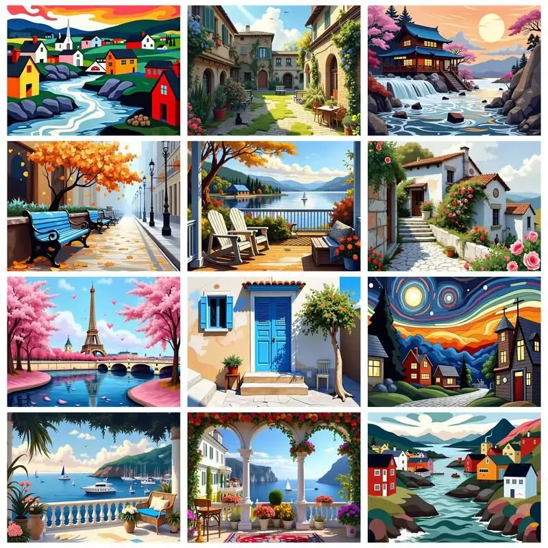 

CHENISTORY Oil Painting By Number Town Kits For Adults Handpainted DIY Gift Picture By Number Landscape On Canvas Home Decoratio