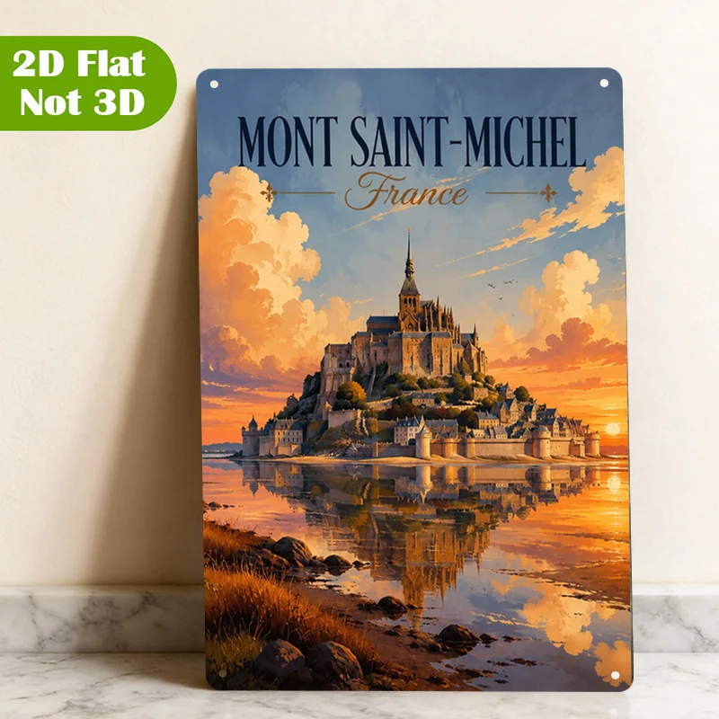 1pc Mont Saint-Michel Sign Decorative Painting, Sunset Metal Sign, 20.32X30.48cm Coastline Plate Sign, France Perfect for Home,