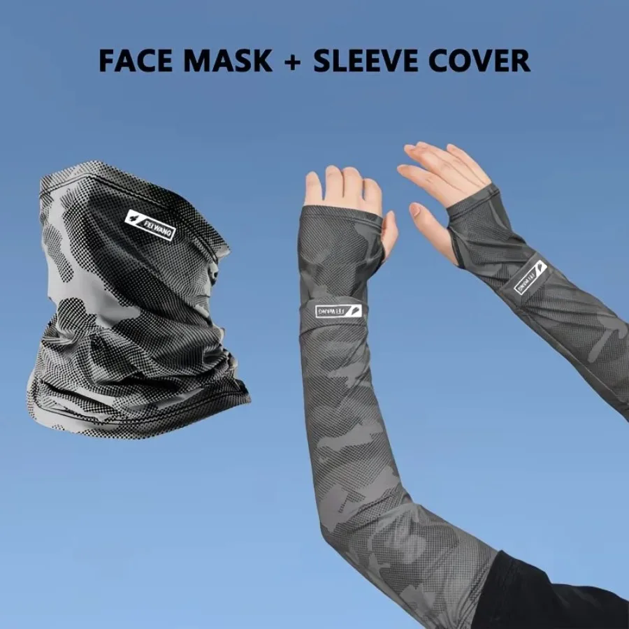 Ice Silk Arm Sleeves Face Mask Set UPF 50+ for Women Men UV Sun Protection Cooling Compression Camouflage Arm Sleeve Kit