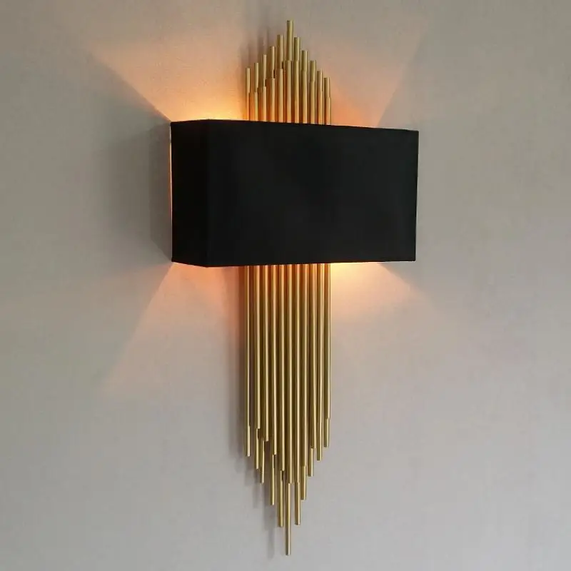 Big Black/Beige Lampshade Gold Wall Light for hotel project gold tube Led Wall Sconce parlor Foyer Villa Long pipe Wall fixture