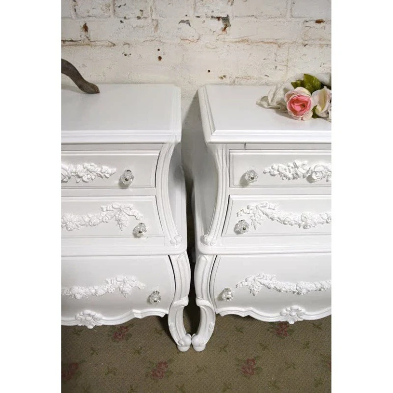 Solid wood carving classical chic bedside cabinet princess room decorative side cabinet