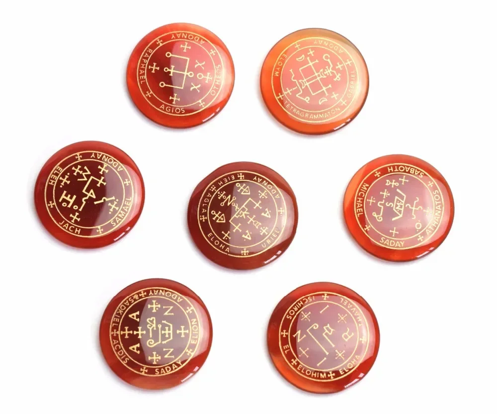 7 pieces Ultrathin Round Natural Chakra Semi-precious Stone Engraved Crystal Healing Seven Archangel Symbols Summon Magic Circle