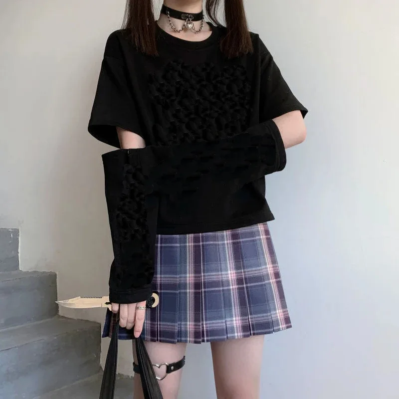 Ins Style Simple Solid Color Stitching Design Short-sleeved Round Neck Bottoming Shirt T-shirt Retro Casual Women's T-shirt Emo