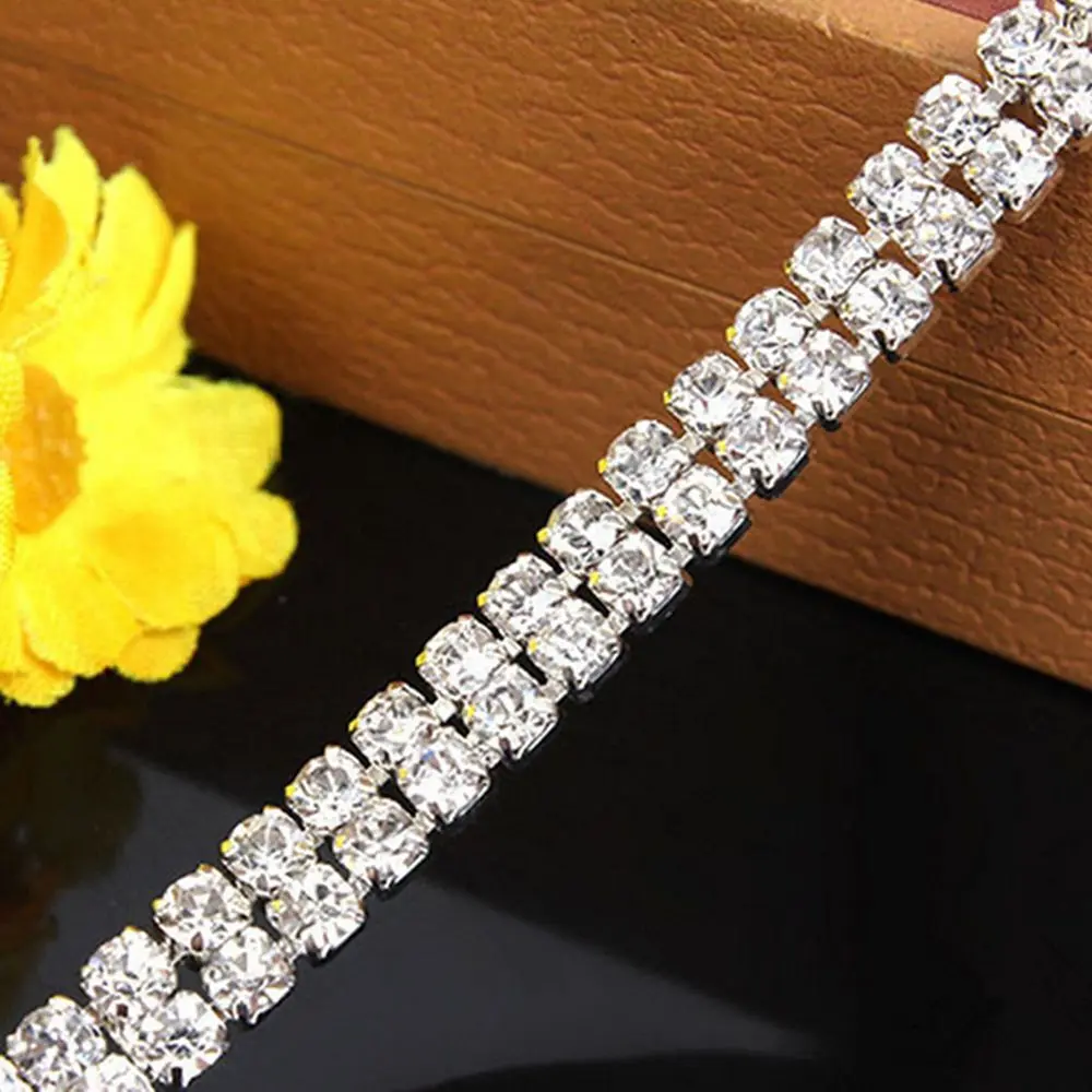 Compact Applique Silver Chain Sparkling Beautiful 1 Yard Crystal Rhinestone 1-row 2-row 3-row Trim