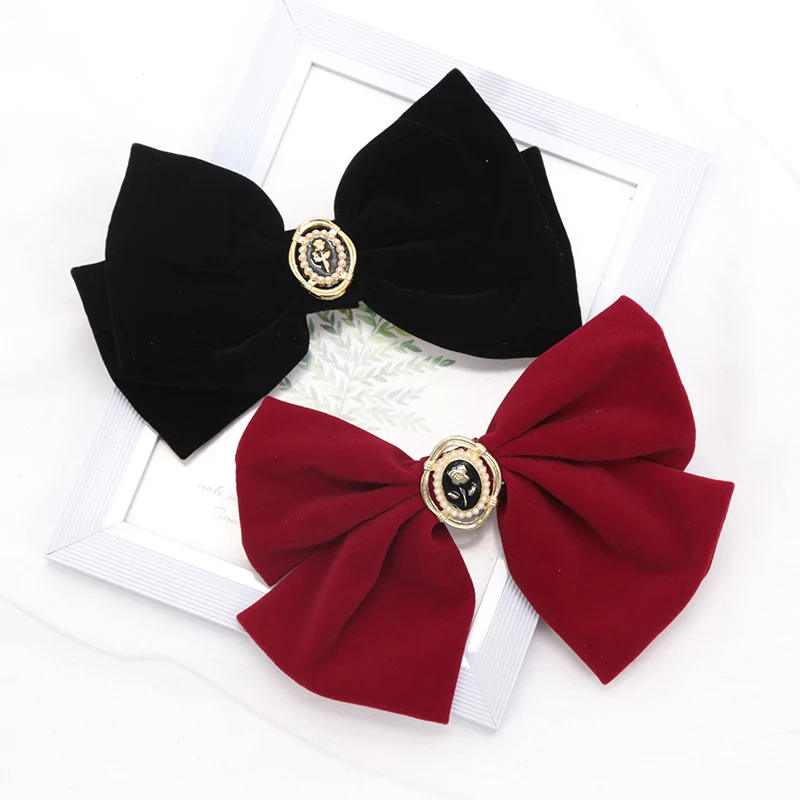 Black Burgundy Velvet Bow Spring Clip Hair Pin Elegant Fabric Alloy Roses Hair Clips Women Ponytail Barrette Heawear Accessories