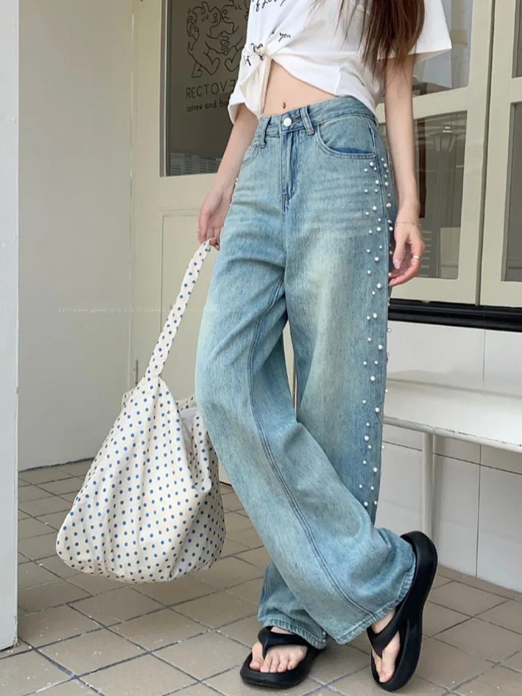 2024 Spring and Summer New Design Sense Pearl Slimming Loose Casual Baggy Jeans Straight-Leg Pants Women's Long Trousers Fashion