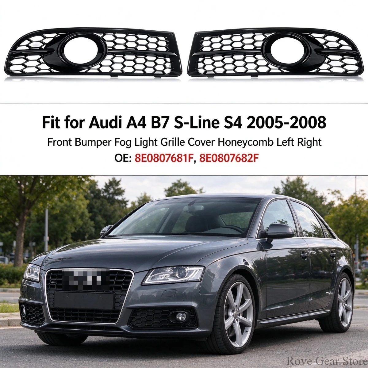 Fit for Audi A4 B7 S-Line S4 2005-2008 Front Bumper Fog Light Grille Cover Honeycomb Left Right 8E0807681F 8E0807682F