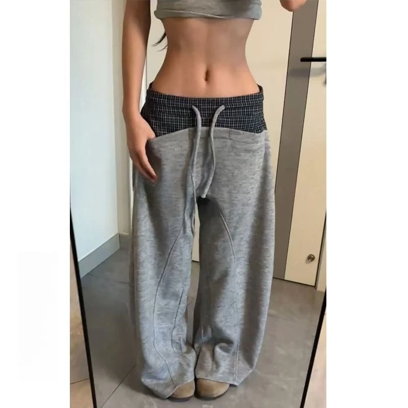 

American Plaid Splicing Waist Drawstring Sweatpants Women's High Waist Wide Leg Pants Drape Casual Pants
