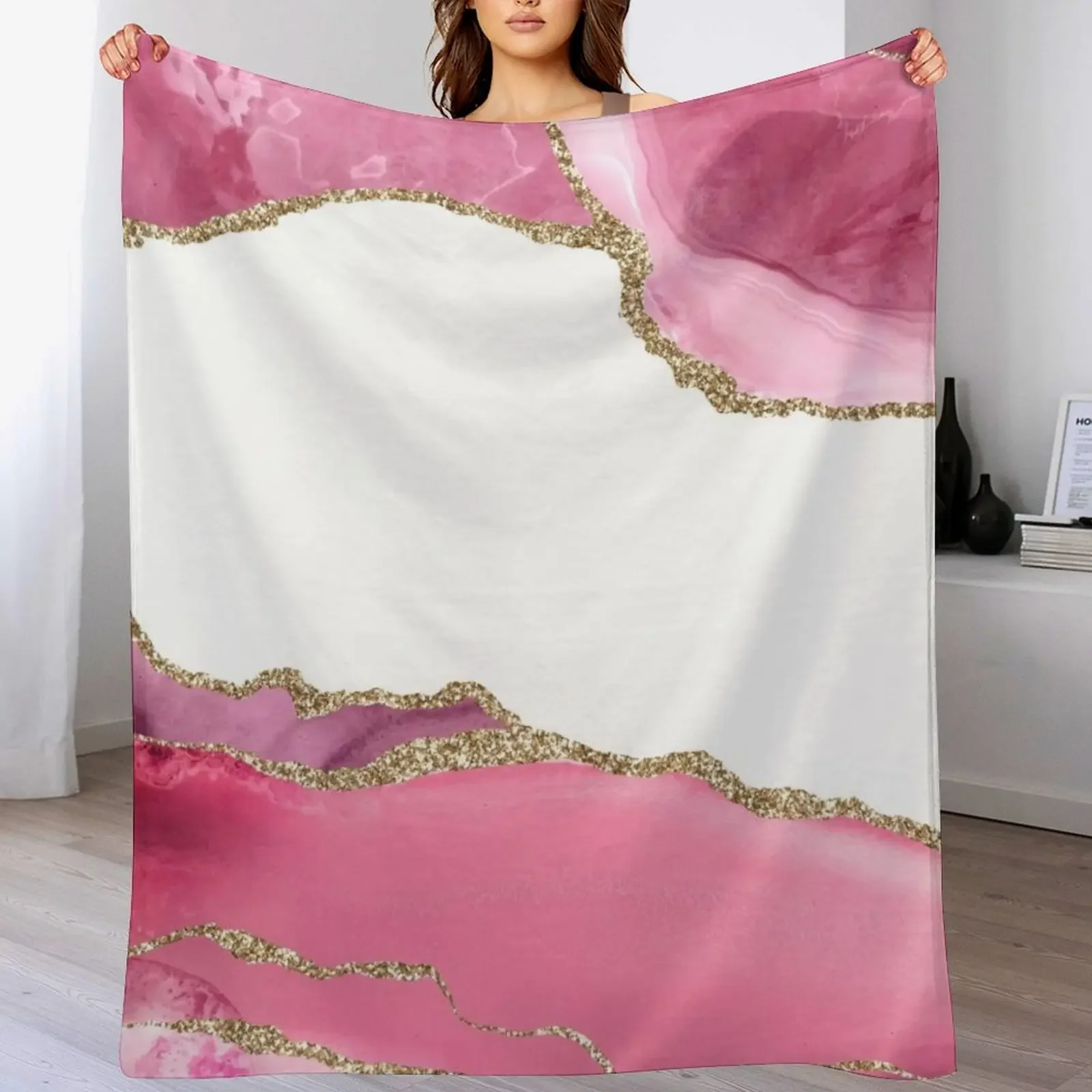 

Pink Blush Faux Agate Marble Landscape I Throw Blanket Decorative Sofa Bed Fashionable Soft Plaid Large Blankets
