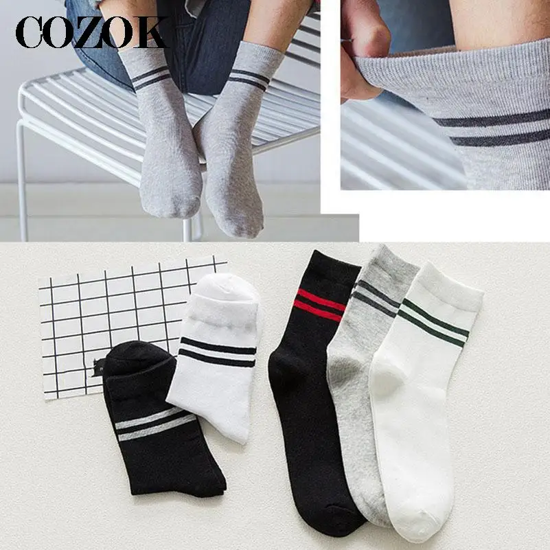 2 Pairs Autumn Winter Mens Ankle Sock Striped Cuffs Cotton Short Socks Sports Comfortable Harajuku Socks Male 5 Colors Optional