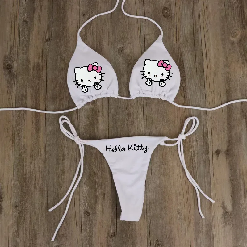 Kawaii ชุดว่ายน้ําผู้หญิง 2 ชิ้น Hellokitty พิมพ์ชุดบิกินี่สาวน่ารักเซ็กซี่ชุดชั้นใน Bra Thong หญิง Beachwear ฤดูร้อน