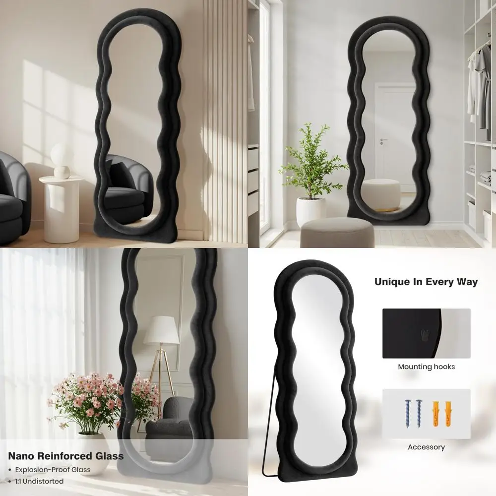 アーチ型ウェーブフルボディ壁掛けフロアミラー、63x24、ブラックフランネルフレーム、全身鏡用の壁掛け/立て掛け両用ミラー