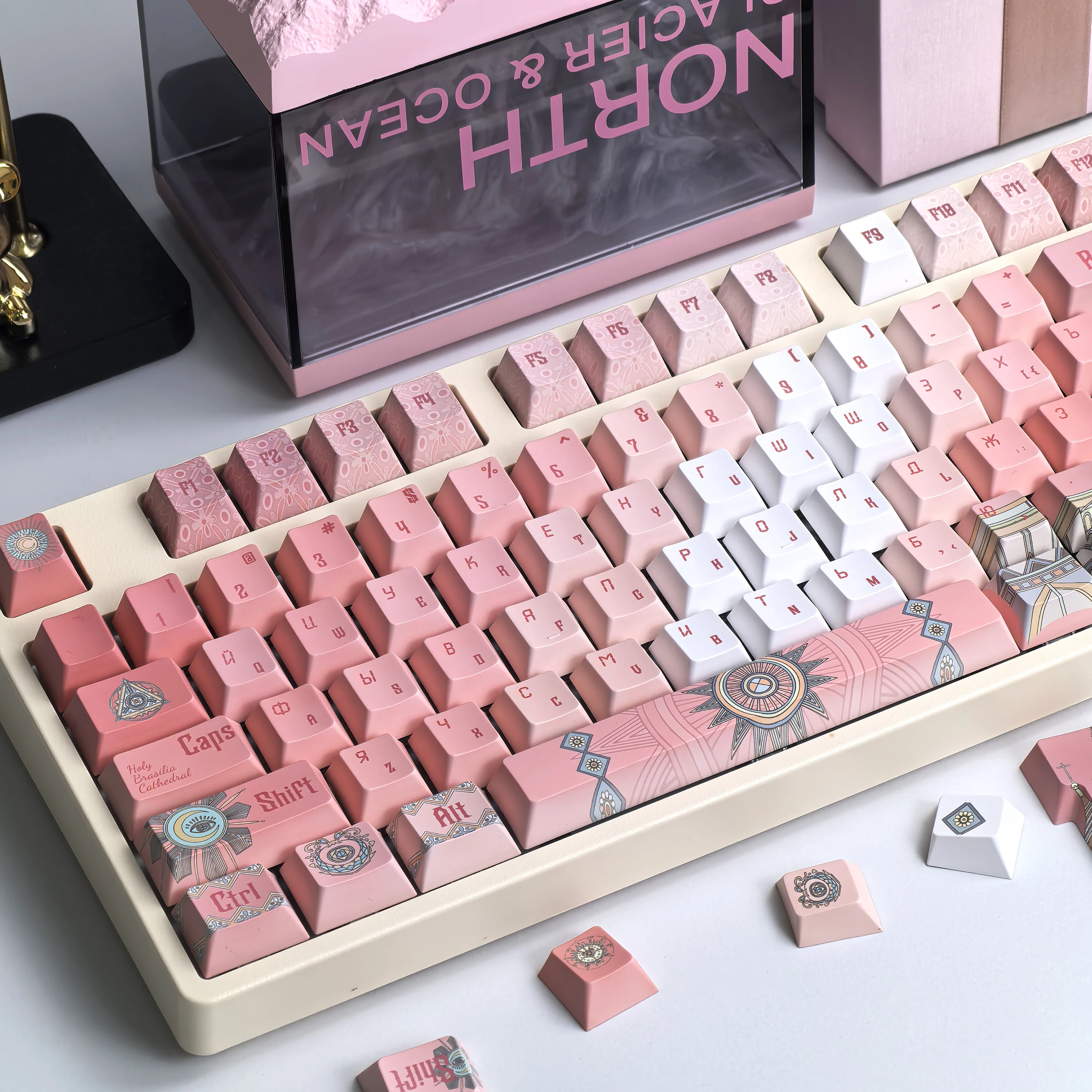 Pink Russian Keycaps 135Keys Iso Layout Red Blue Russian Style Church Cherry Pbt For Aula F75 Custom Personalized Keycaps