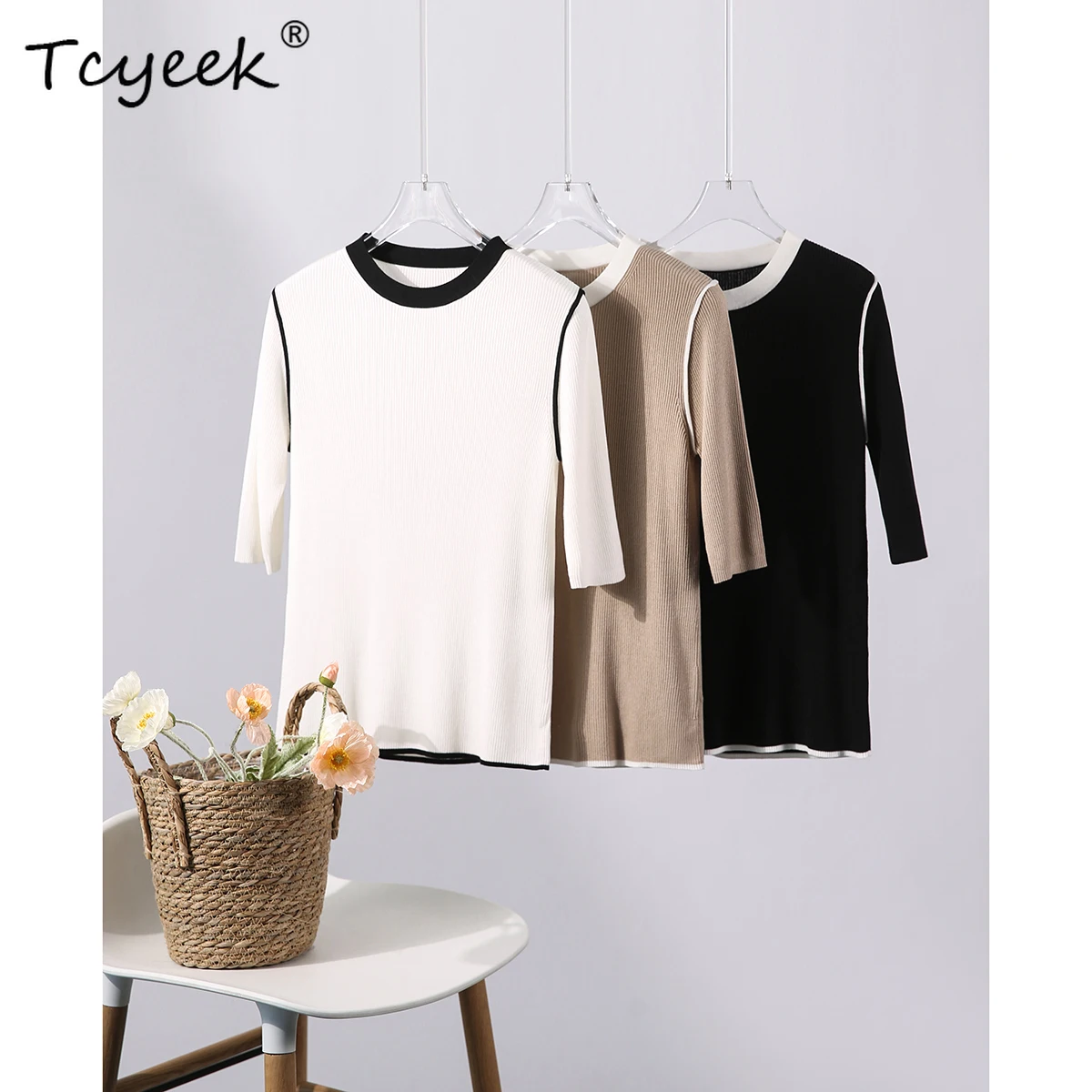 

Tcyeek, 10%Mulberry Silk Elegant Knit T-Shirt, Women O Neck Half Sleeves, Vintage Office Lady Slim Tops, 2024 Summer T46128QM