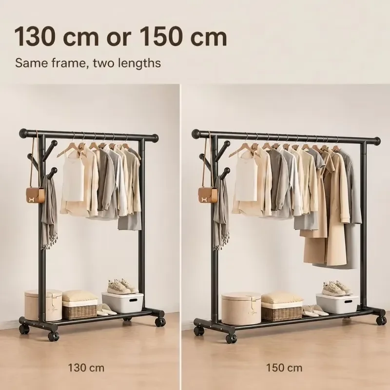 Multifunctional hanger rack Double bar storage rack Four-layer wheeled hanger, suitable for display in homes, hotels and