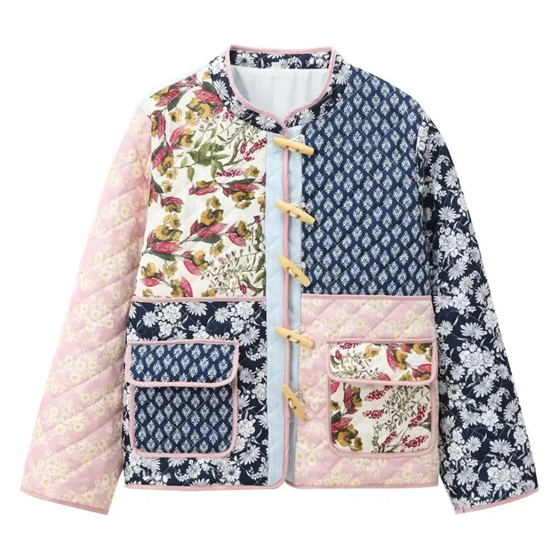 

Vintage Cotton-padded Warm Coat Jacket Retro Floral Printing Patchwork Winter Clothes Casual Women Long Sleeves Lady Streetwear