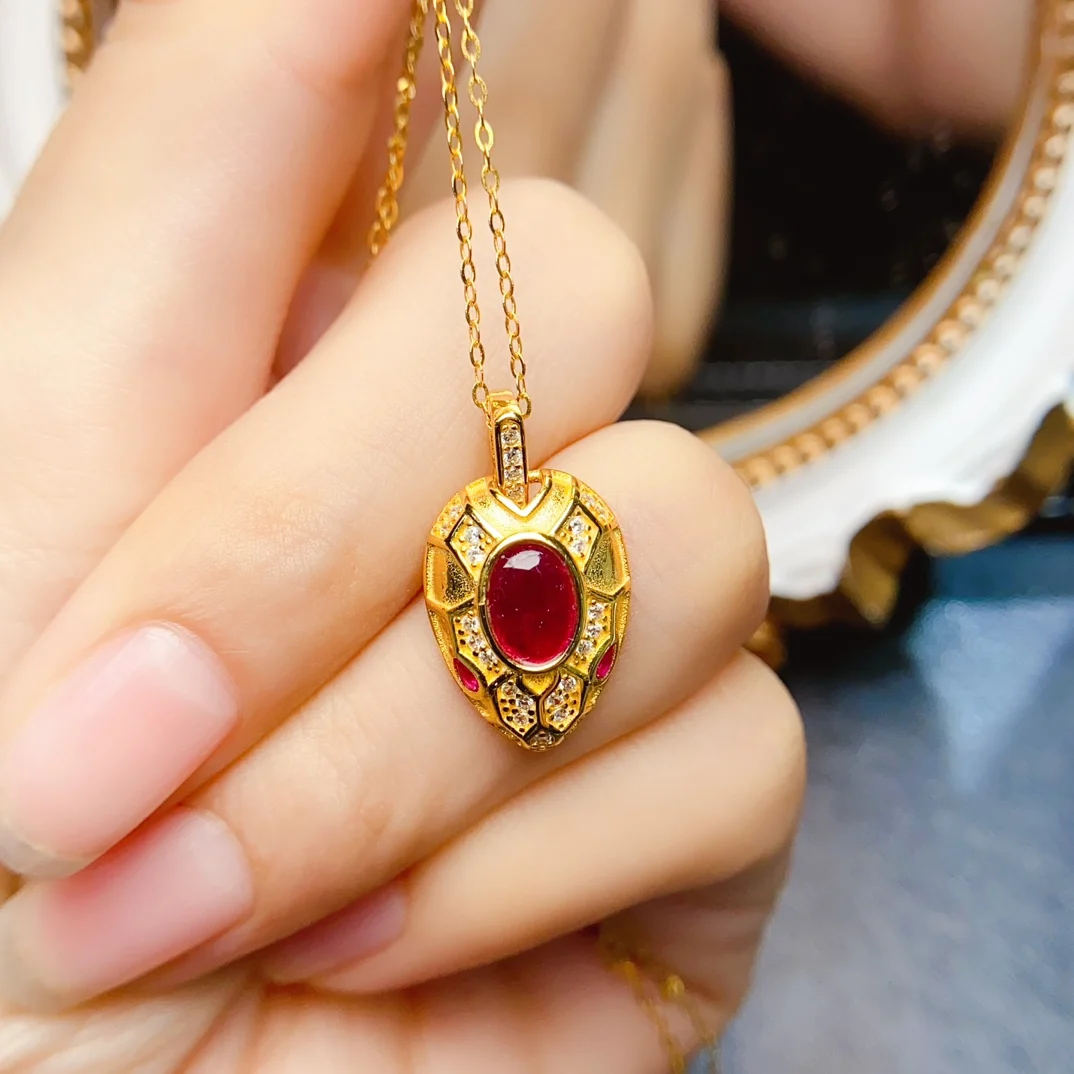 FS New 5*7mmNatural Ruby Snake Head Pendant Necklace S925 Sterling Silver Fine Charm Party Jewelry for Women Certificate MeiBaPJ