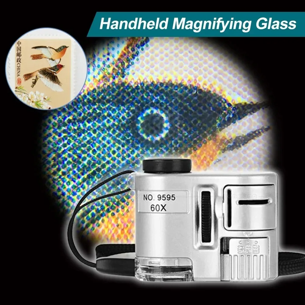 60X Handheld Magnifying Glass MiniPocket UV Magnifier Portable jewelerMicroscope Loupe With LED Light
