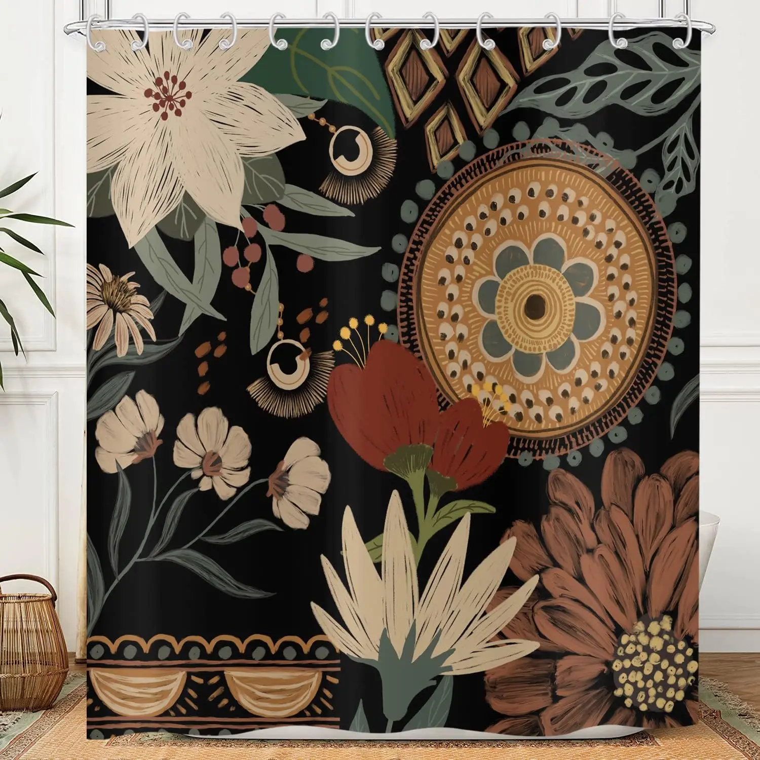 Bohemian Floral Shower Curtain 180x 200cm Black Vintage Abstract Floral Shower Curtain Mid Century Modern Waterproof