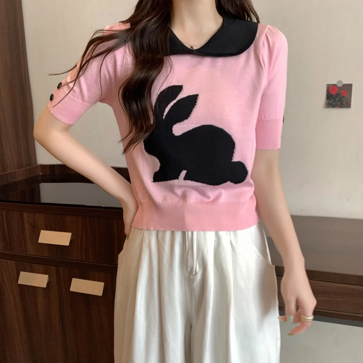 

Korean Embroidered Peter Pan Collar Short Sleeve Pullovers Summer All-match Cartoon Turn-down Collar Top Tee Women Clothes Tops