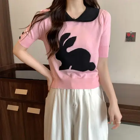 한국어 수 놓은 피터팬 칼라 반팔 풀오버 여름 올 매치 만화 턴 다운 칼라 탑 티 여성 의류상의