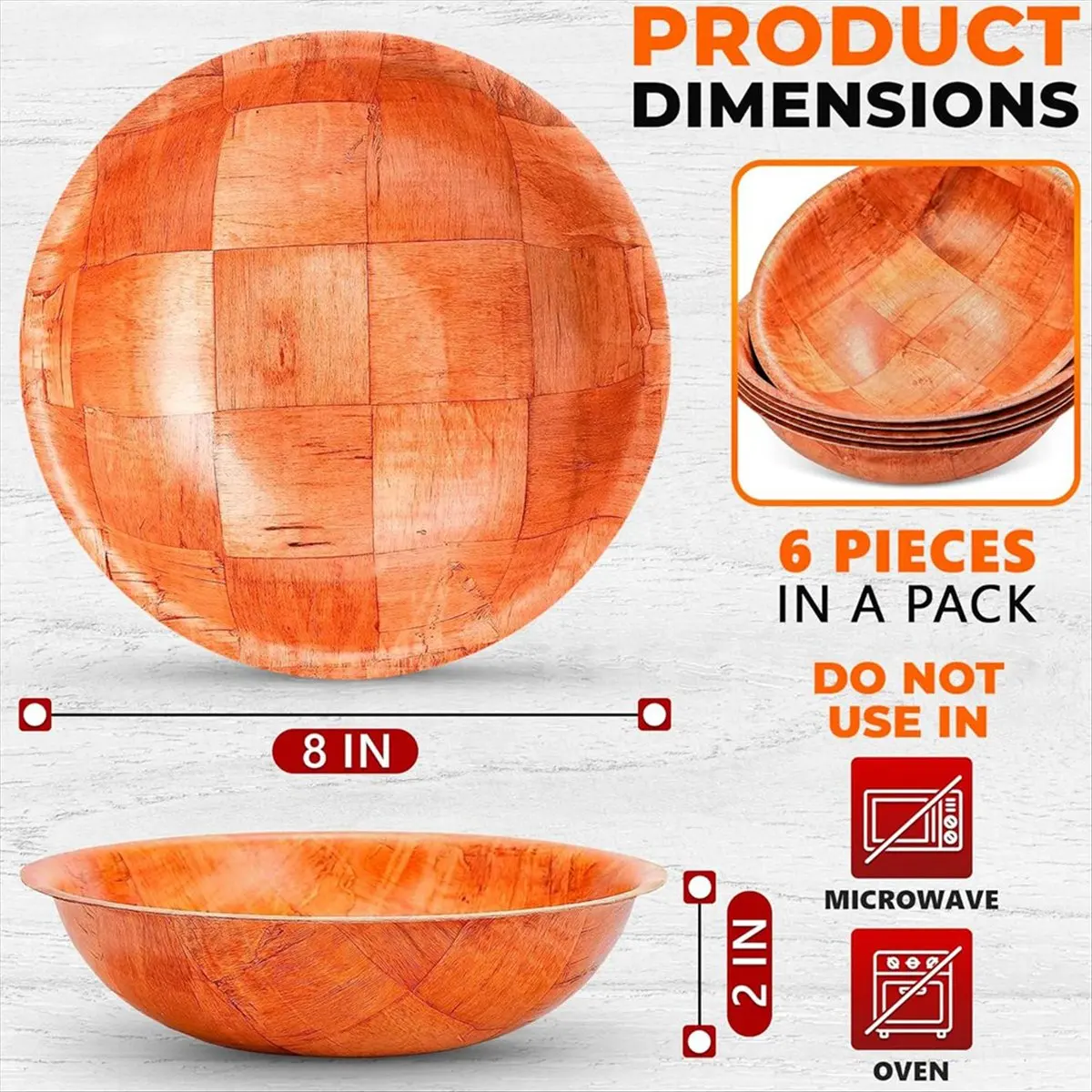 A20I 6 Pcs Wooden Salad Bowls 8 Inch Wooden Salad Bowl with Square Pattern Design for Food, Fruits,Entertaining & Decorating