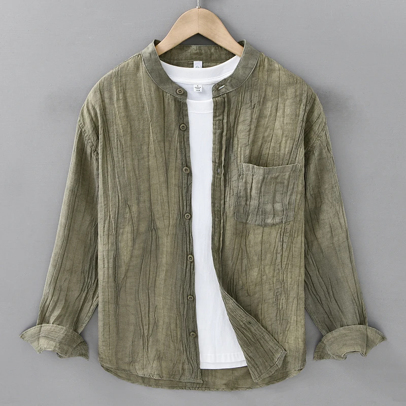 

2026 Spring Summer New Breathable Ramie Casual Simple Long Sleeve Shirts for Men Clothing Thin Solid Color Shirts